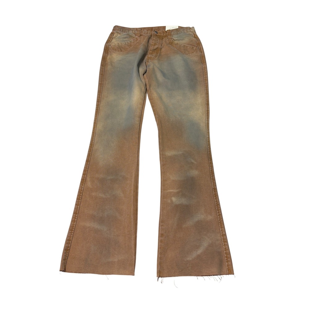 NWT MNML Men Brown Distressed Flared Workwear Canvas Pants Size 32X34 Button Fly